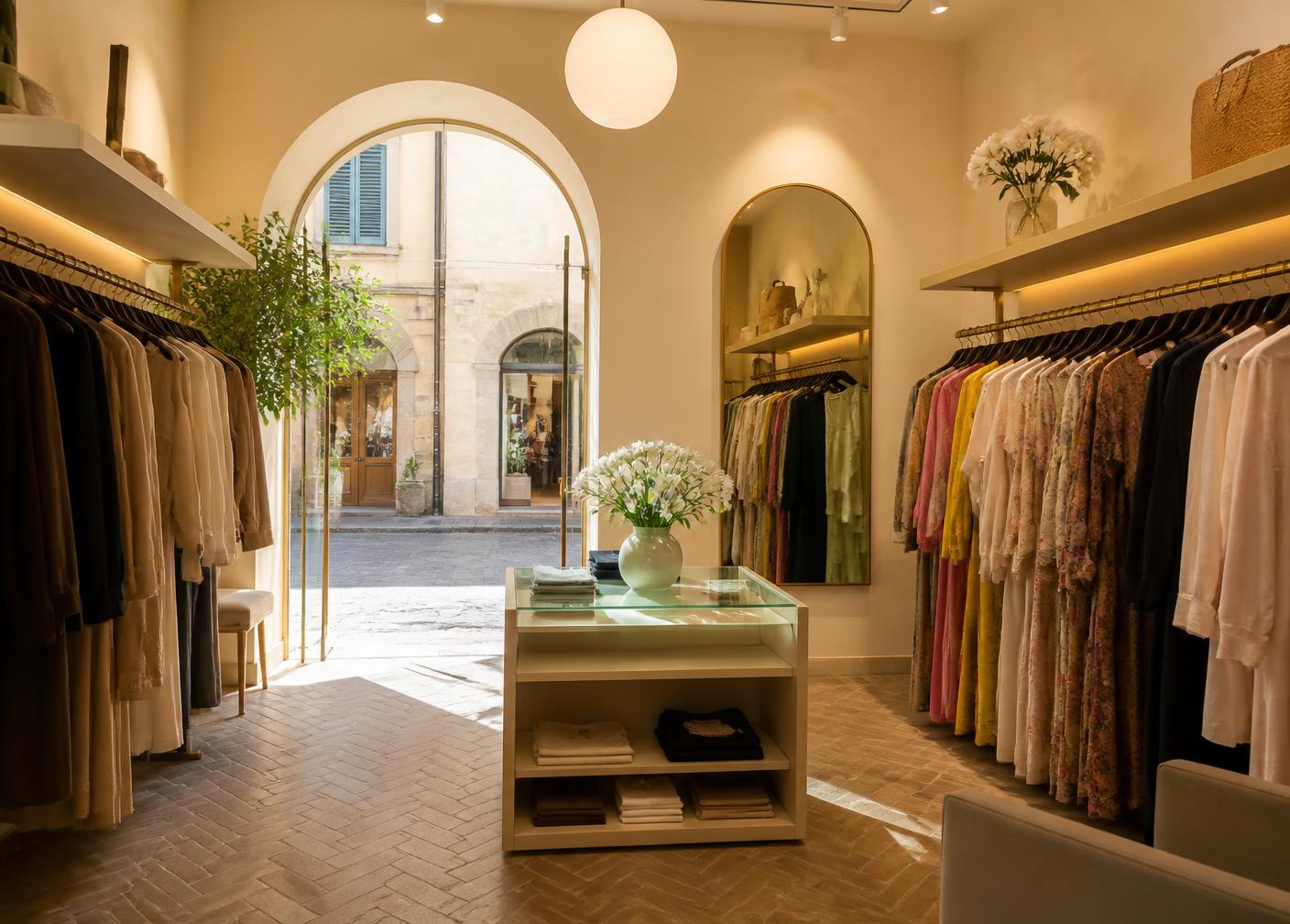 Interno della boutique Kahiki con capi appesi e luce naturale